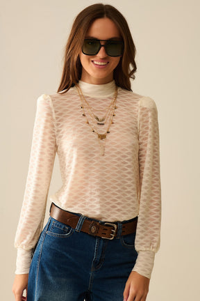 Top a Collo Alto in Pizzo Beige Trasparente con Spalle a Sbuffo