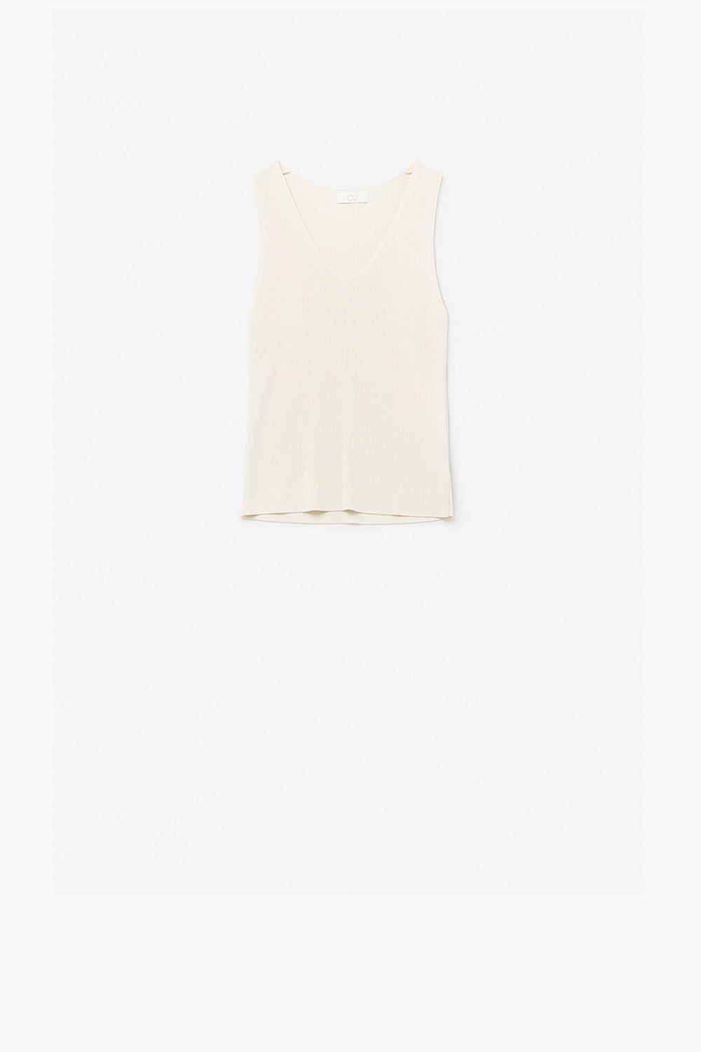 Top beige senza maniche in maglia fine con scollo a V