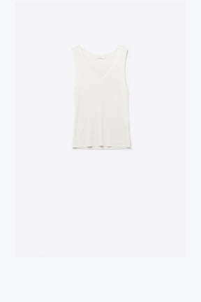 Q2 Top bianco senza maniche in maglia fine con scollo a V