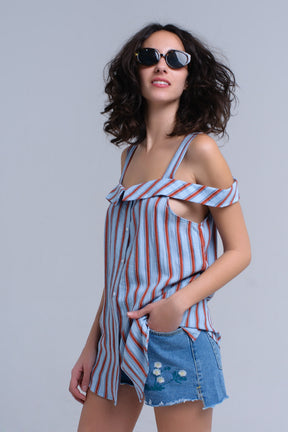 Top blu con strisce arancioni