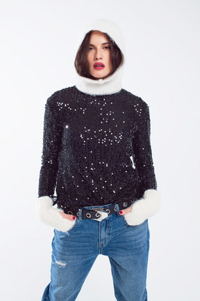 Q2 Top con paillettes a maniche lunghe in nero