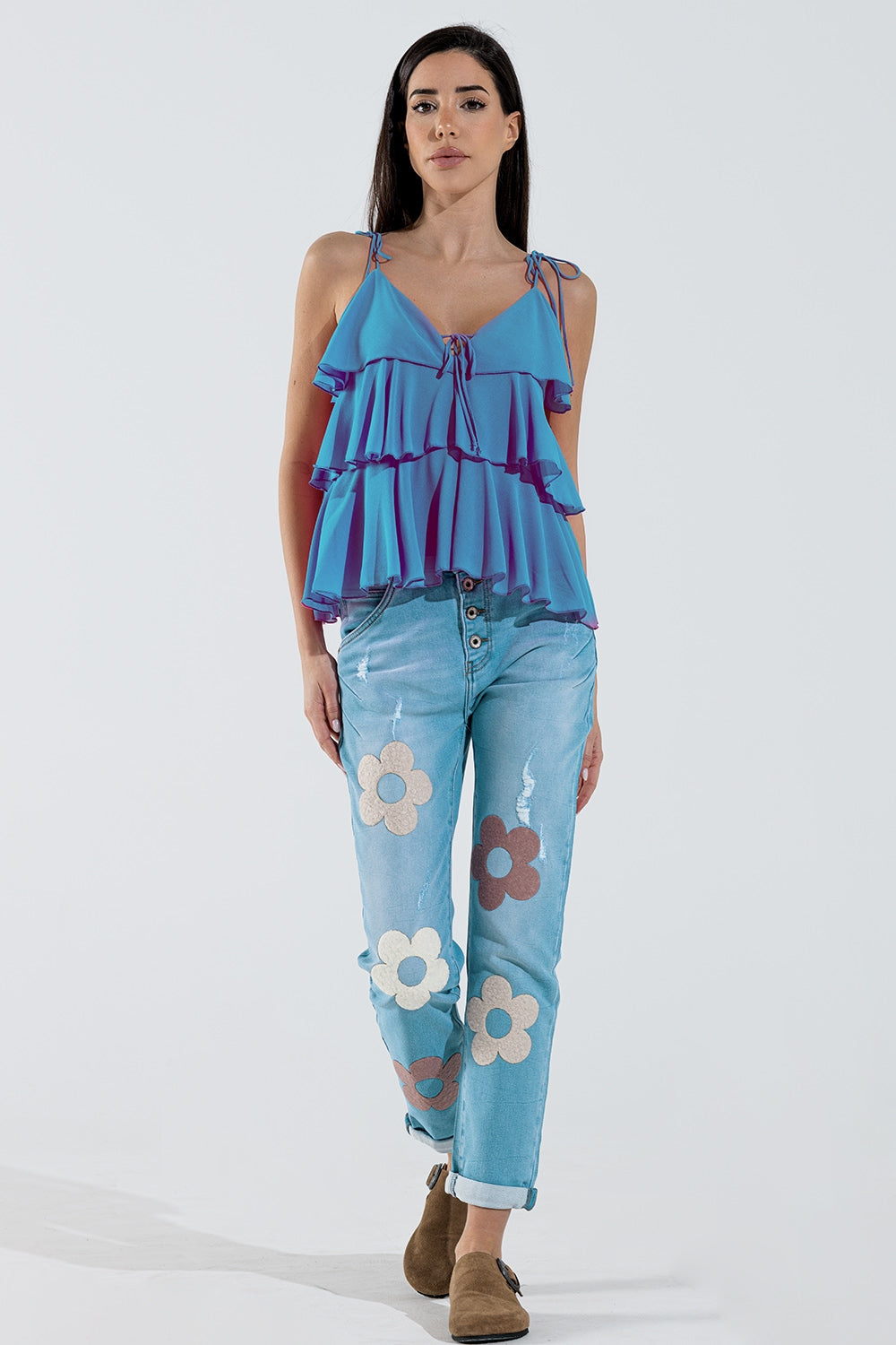 Top con volant con spalline sottili in blu