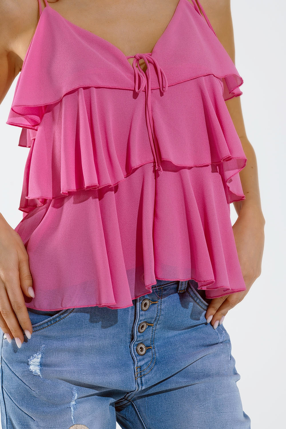 Top con volant con spalline sottili in fucsia