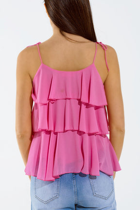 Top con volant con spalline sottili in fucsia