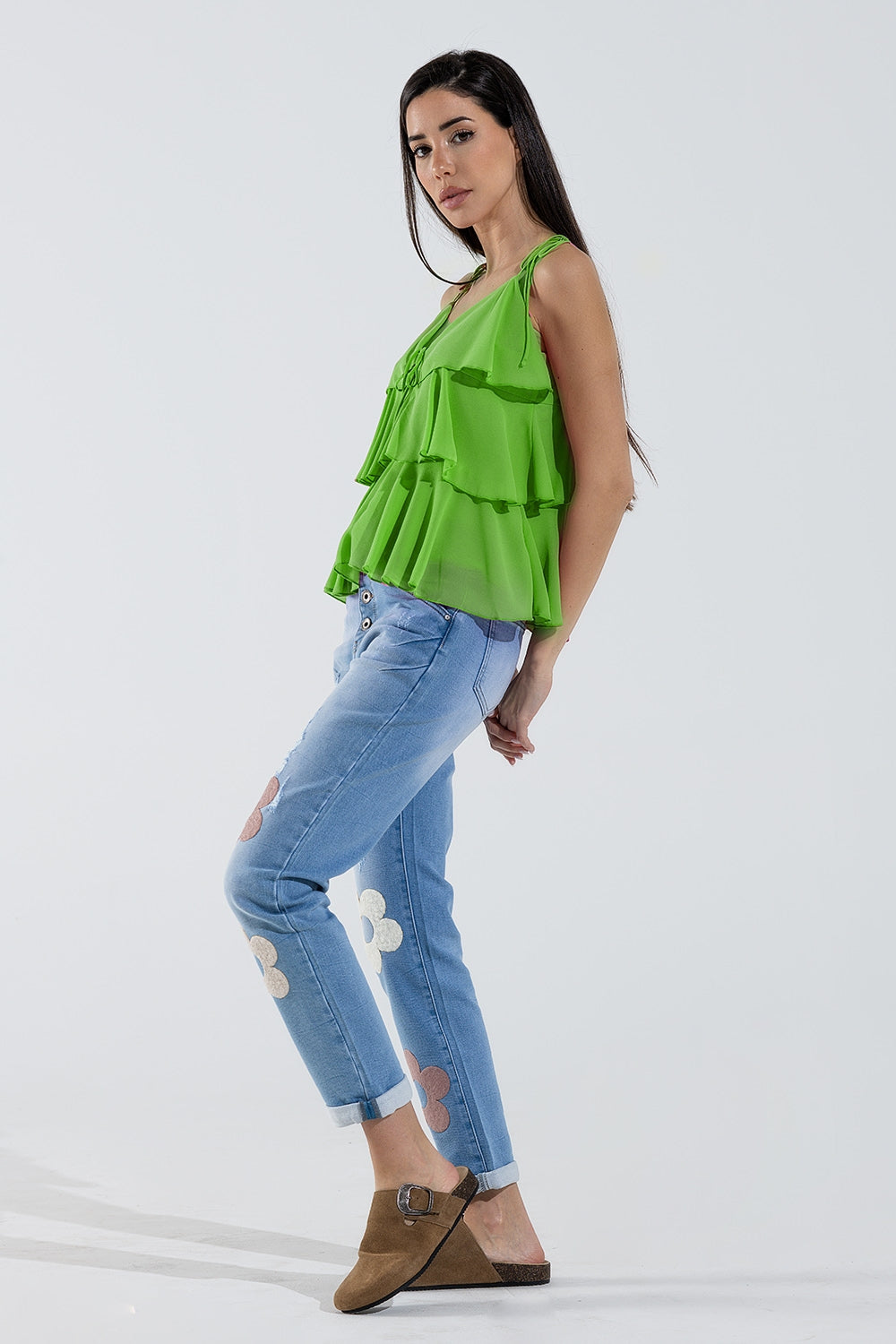 Top con volant con spalline sottili in verde