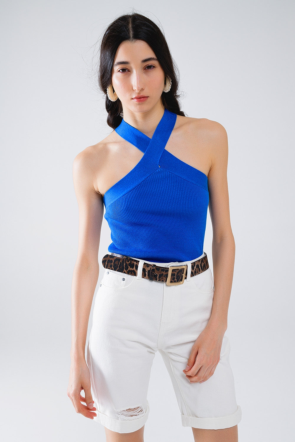 Q2 Top cropped incrociato in maglia blu