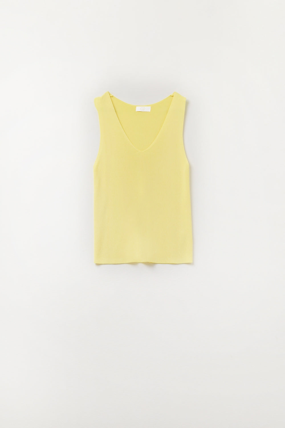 Top giallo senza maniche in maglia fine con scollo a V