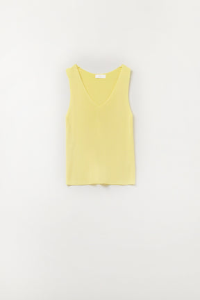 Top giallo senza maniche in maglia fine con scollo a V