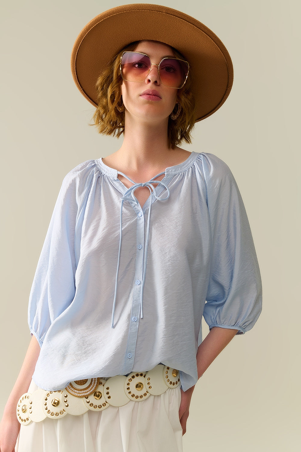 Q2 Top in Chiffon Azzurro Baby con Maniche a Palloncino