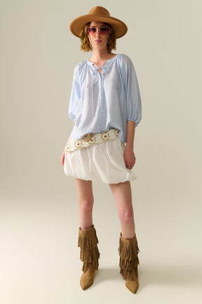 Top in Chiffon Azzurro Baby con Maniche a Palloncino