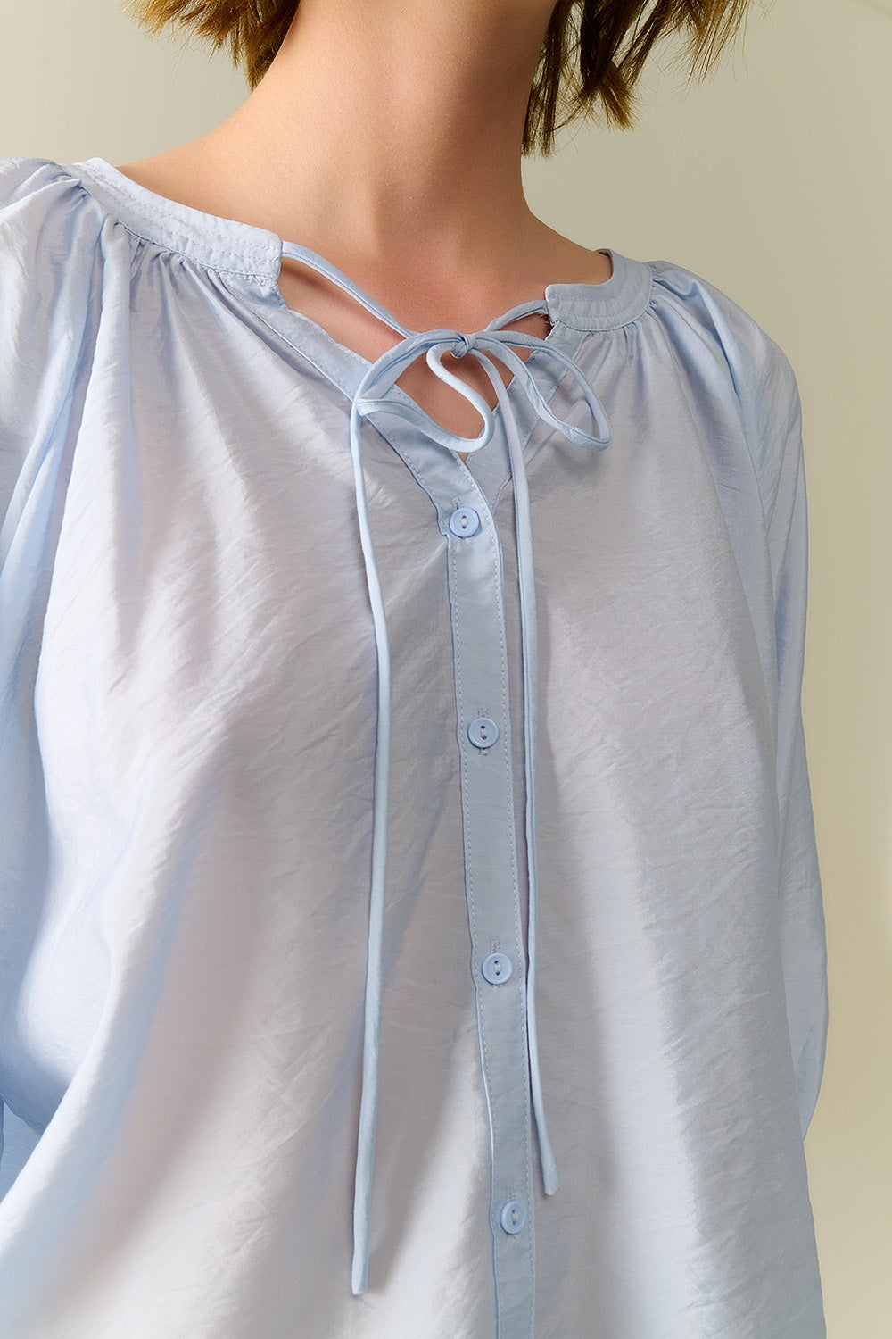 Top in Chiffon Azzurro Baby con Maniche a Palloncino