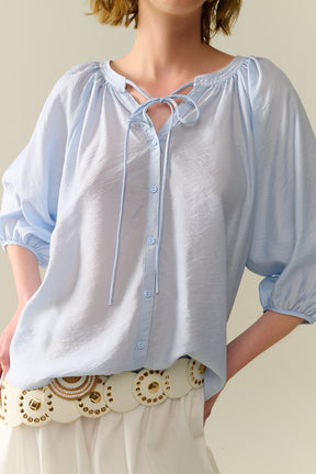 Top in Chiffon Azzurro Baby con Maniche a Palloncino