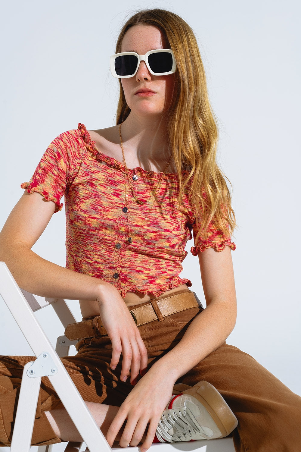 Q2 Top in maglia con taglio off the shoulder in ruggine melange