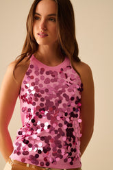Q2 Top in maglia rosa con dettagli in paillettes