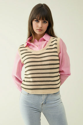 Q2 Top in maglia senza maniche color crema con strisce khaki