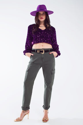 Top in paillettes viola con maniche a palloncino con scollo a V e schiena scoperta