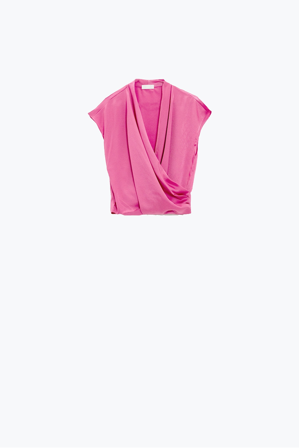 Top in seta incrociato fucsia con scollo a V e maniche corte