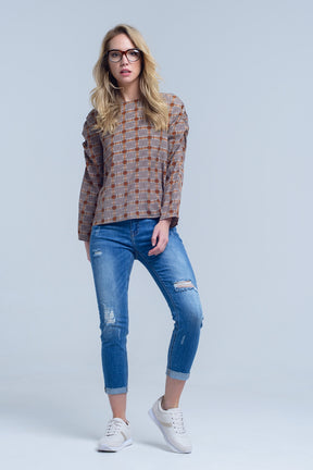 Top marrone con stampa check