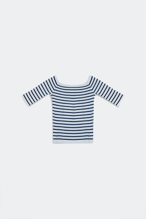 Top navy a righe con scollo Bardot