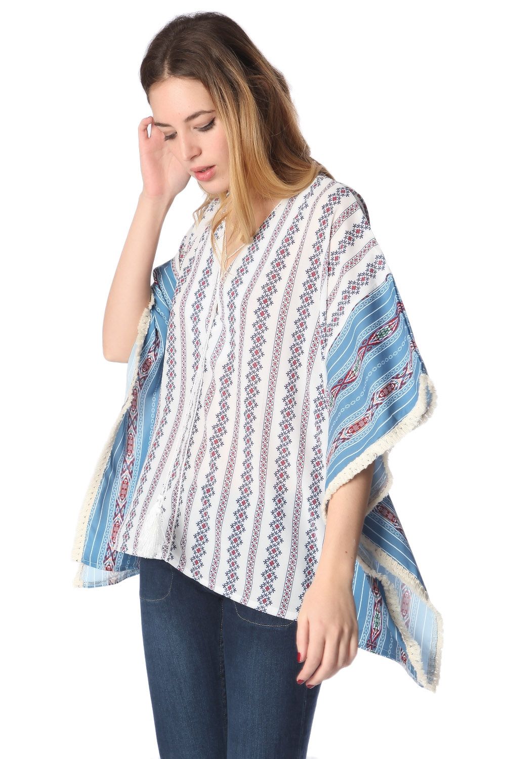 Q2 Top oversize stile poncho con motivo tribale blu