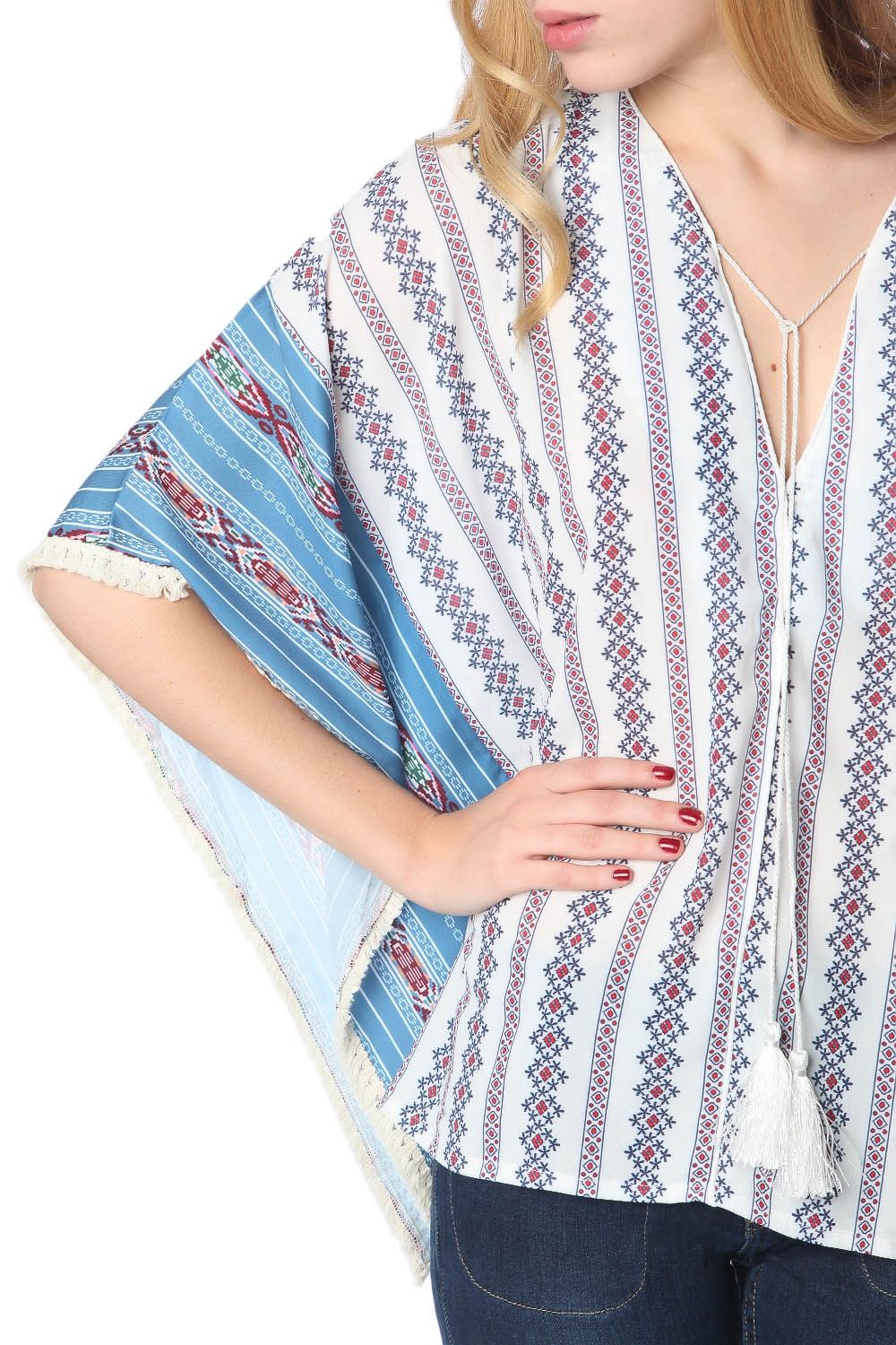 Top oversize stile poncho con motivo tribale blu