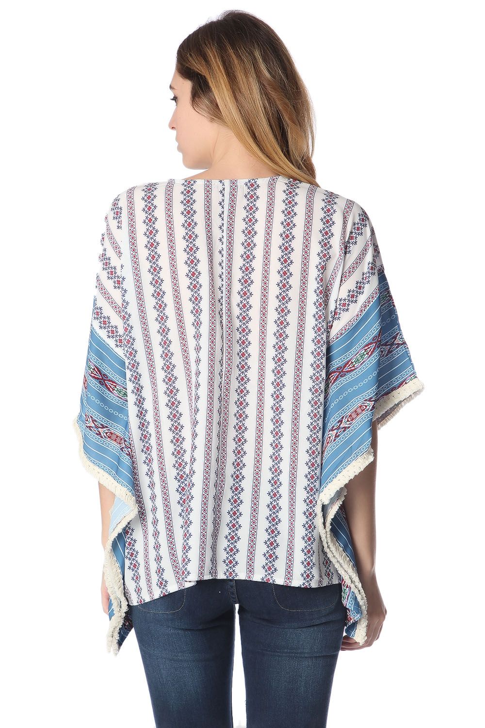 Top oversize stile poncho con motivo tribale blu