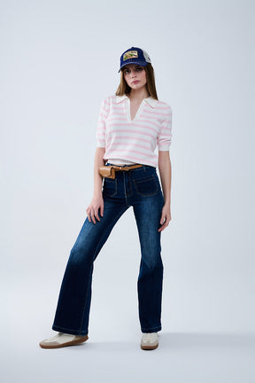 Top polo in maglia bianca con strisce rosa