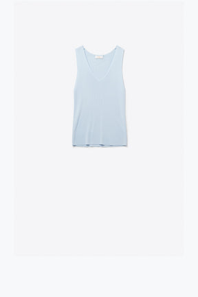 Q2 top senza maniche a maglia fine azzurro con scollo a V