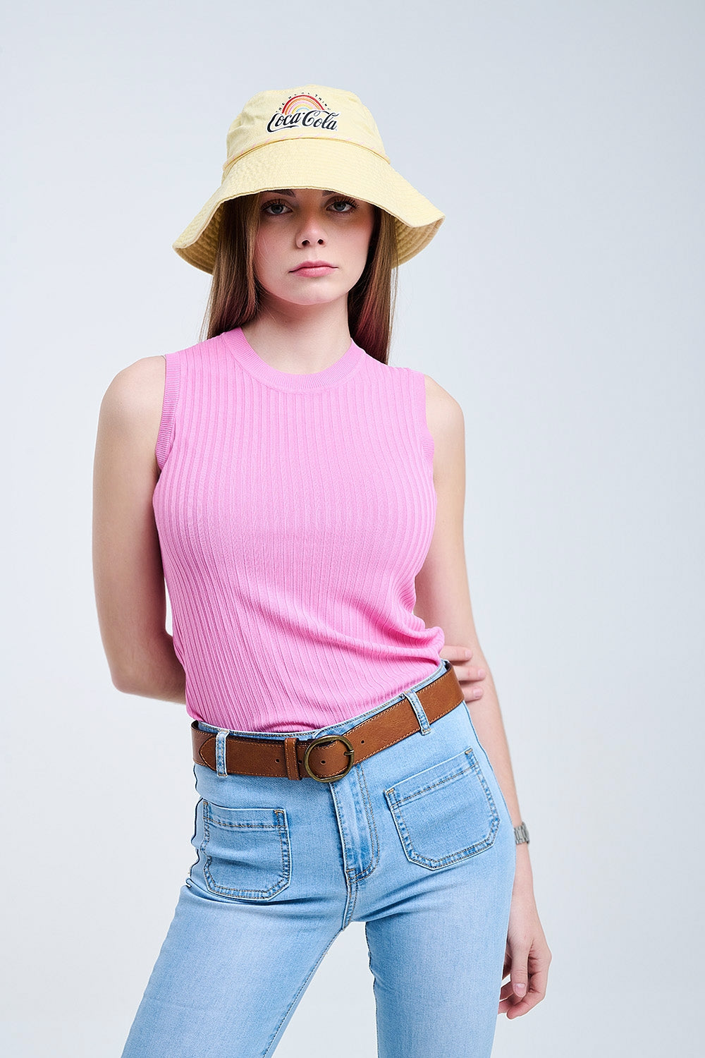 Top senza maniche in maglia a coste in rosa