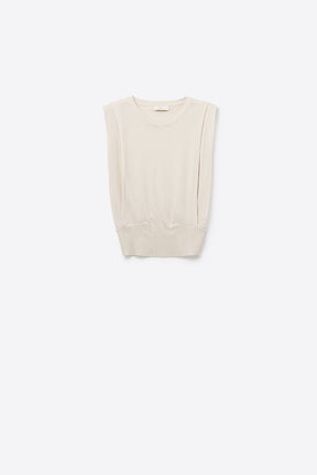 Top senza maniche in maglia con drappeggio sulle spalle in beige