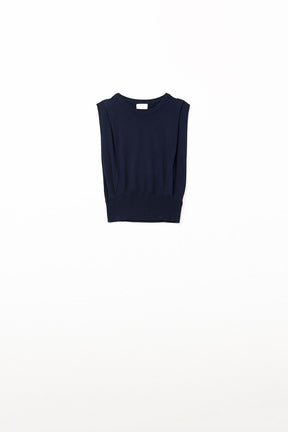 Top senza maniche in maglia con drappeggio sulle spalle in blu scuro