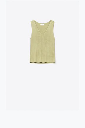 Q2 top senza maniche in maglia fine color cachi con scollo a V