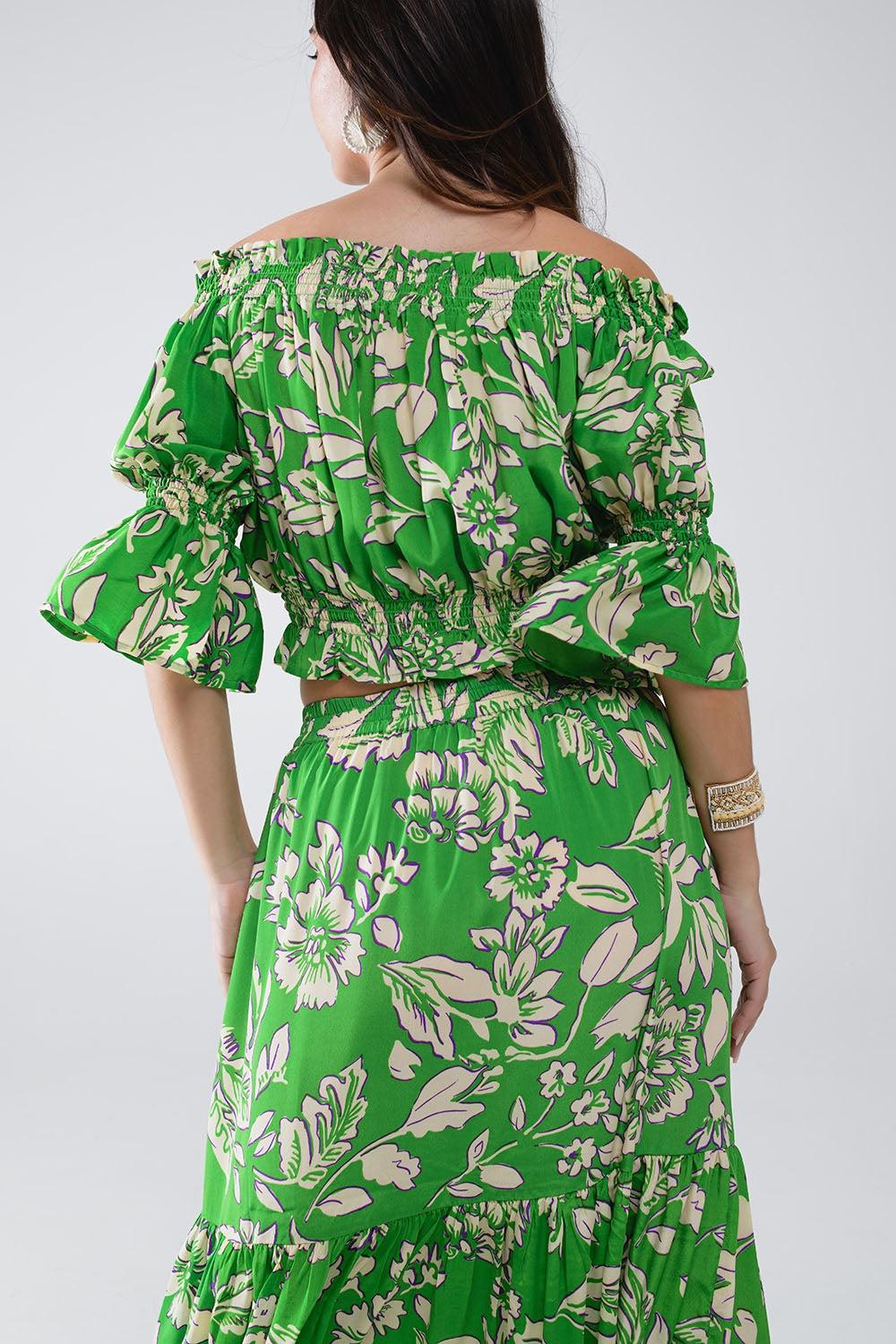 Top verde off the shoulder con elastico in vita con stampa floreale