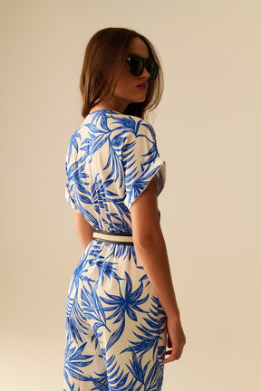 Tuta a Motivo Tropicale a Maniche Corte in blu e bianco