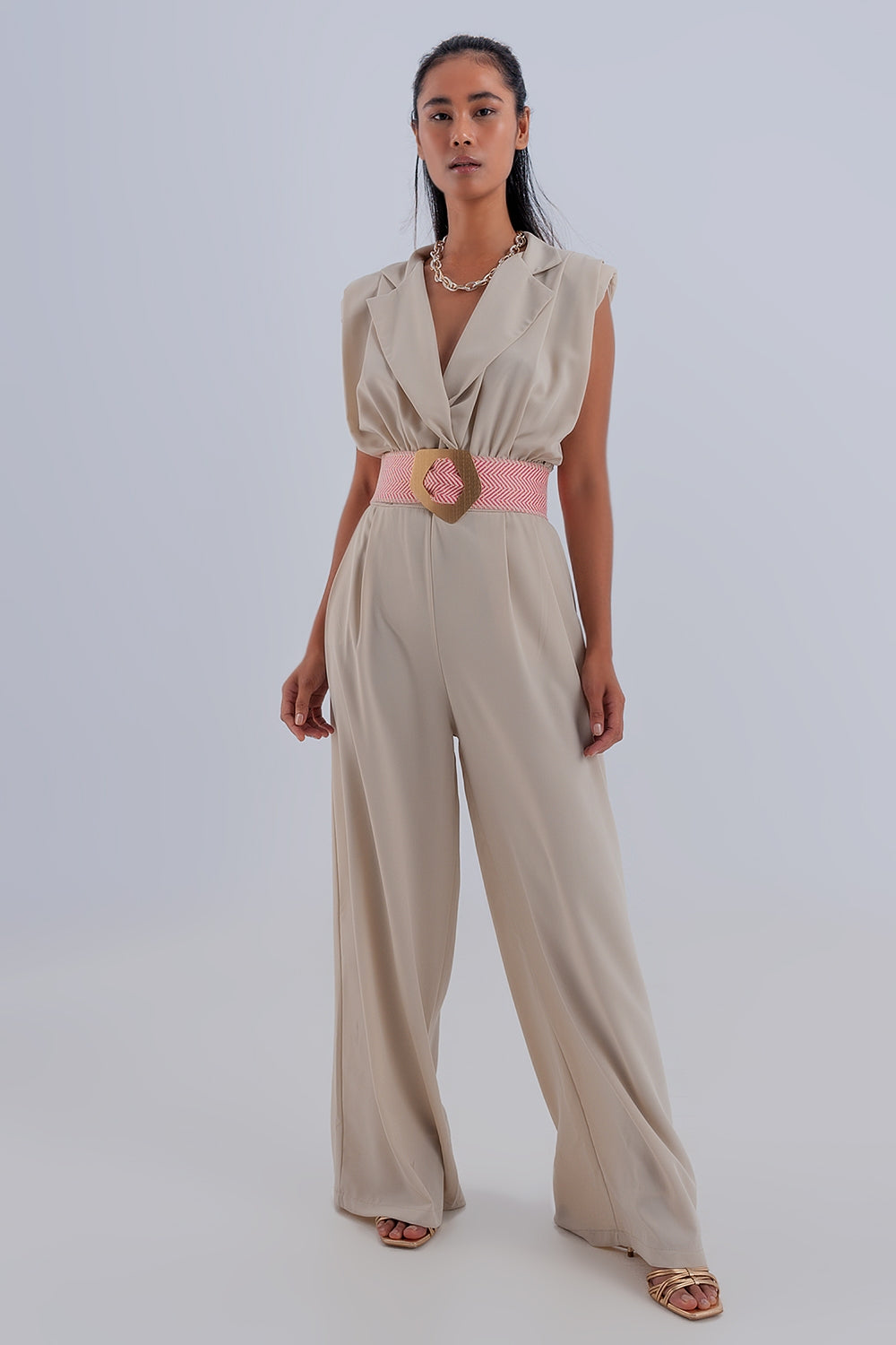 Q2 Tuta jumpsuit a fondo ampio beige