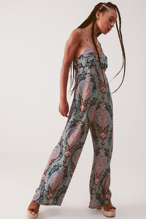 Q2 Tuta jumpsuit a fondo ampio con stampa cachemire blu