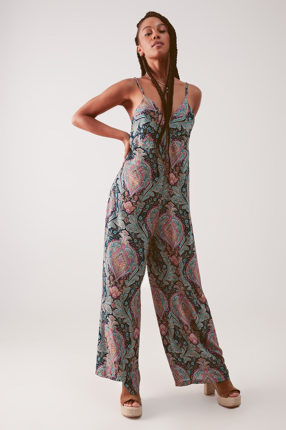 Tuta jumpsuit a fondo ampio con stampa cachemire blu