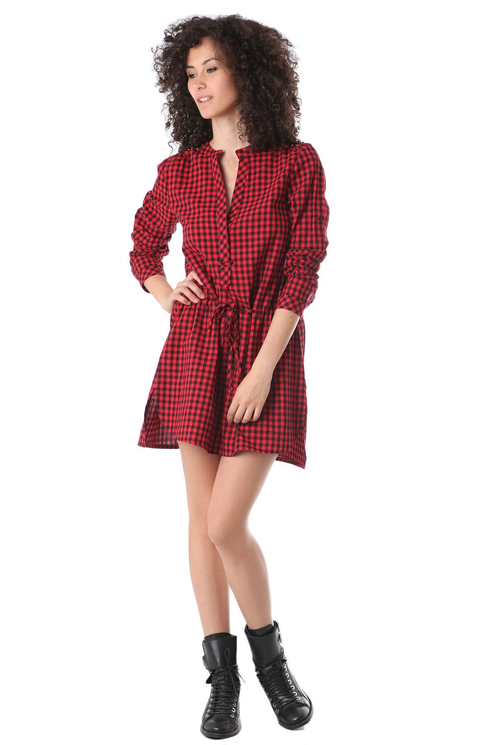 Q2 Vestito camicia con quadrati rosso