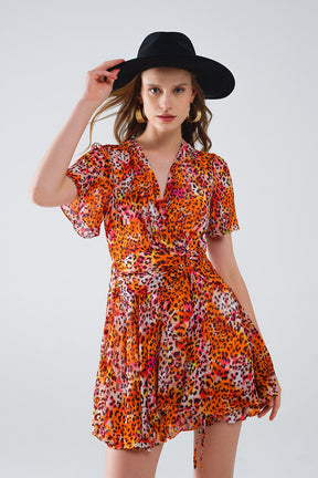 Vestito corto arancione multicolore con top incrociato con stampa animalier