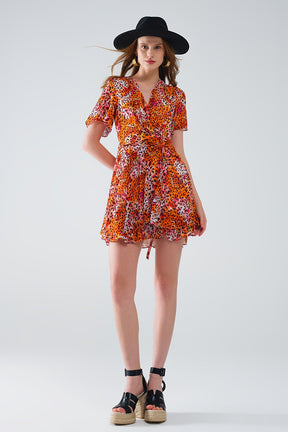 Vestito corto arancione multicolore con top incrociato con stampa animalier