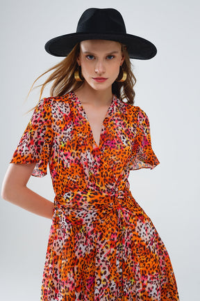Vestito corto arancione multicolore con top incrociato con stampa animalier