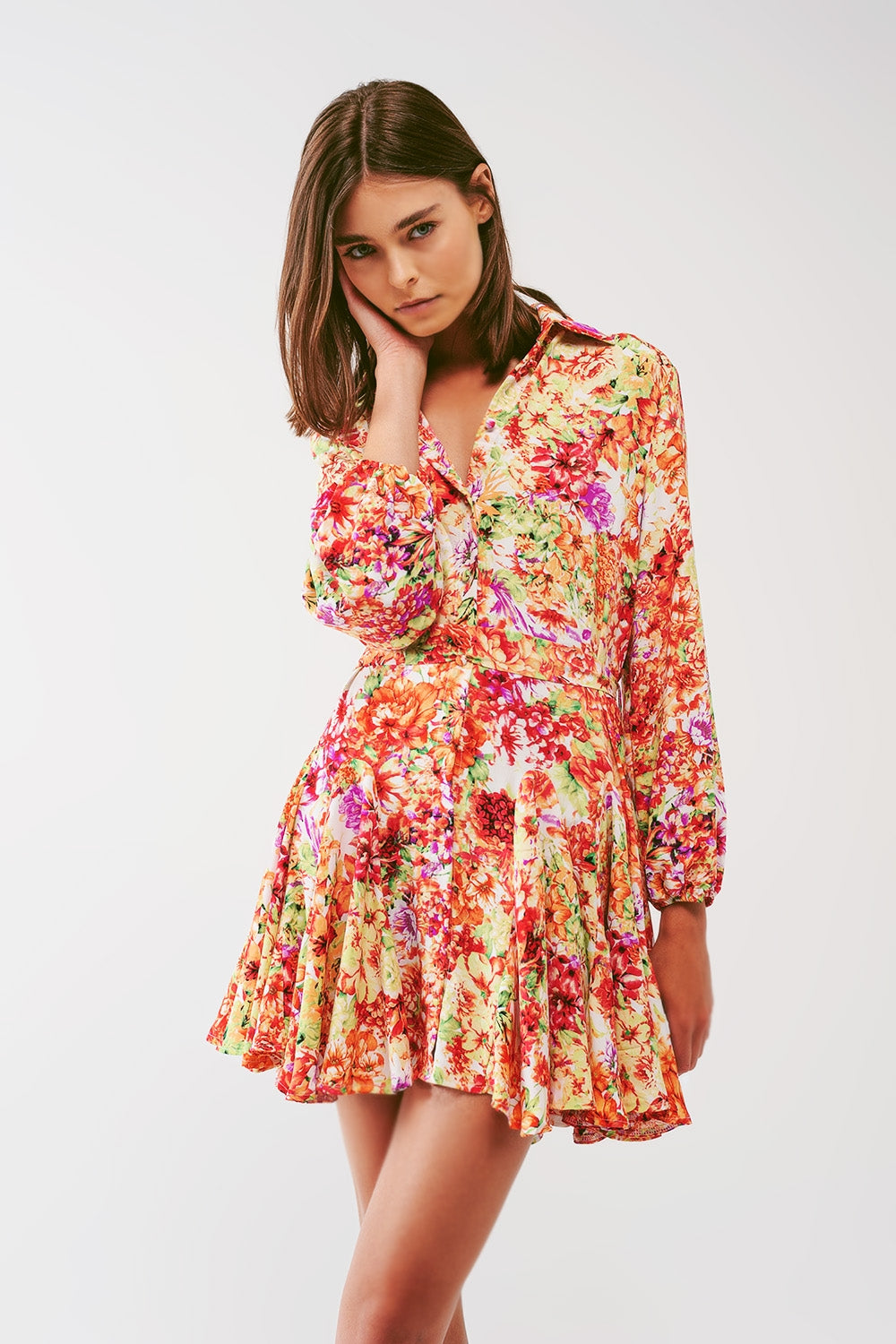 Q2 Vestito corto con balze in stampa floreale multicolore