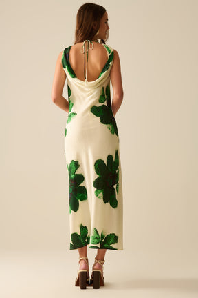 Vestito maxi verde senza maniche e fluido con stampa floreale