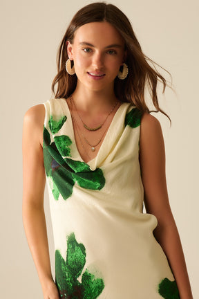 Vestito maxi verde senza maniche e fluido con stampa floreale