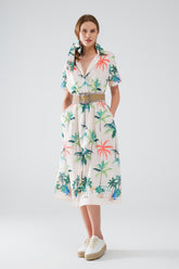 Q2 Vestito midi color crema con stampa spiaggia e colletto a polo