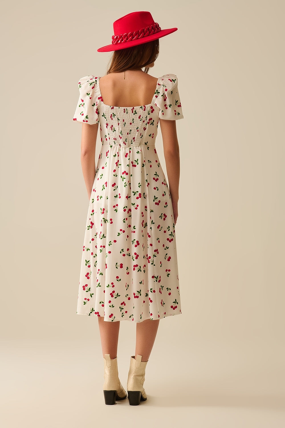 Vestito midi con stampa ciliegia e maniche a sbuffo