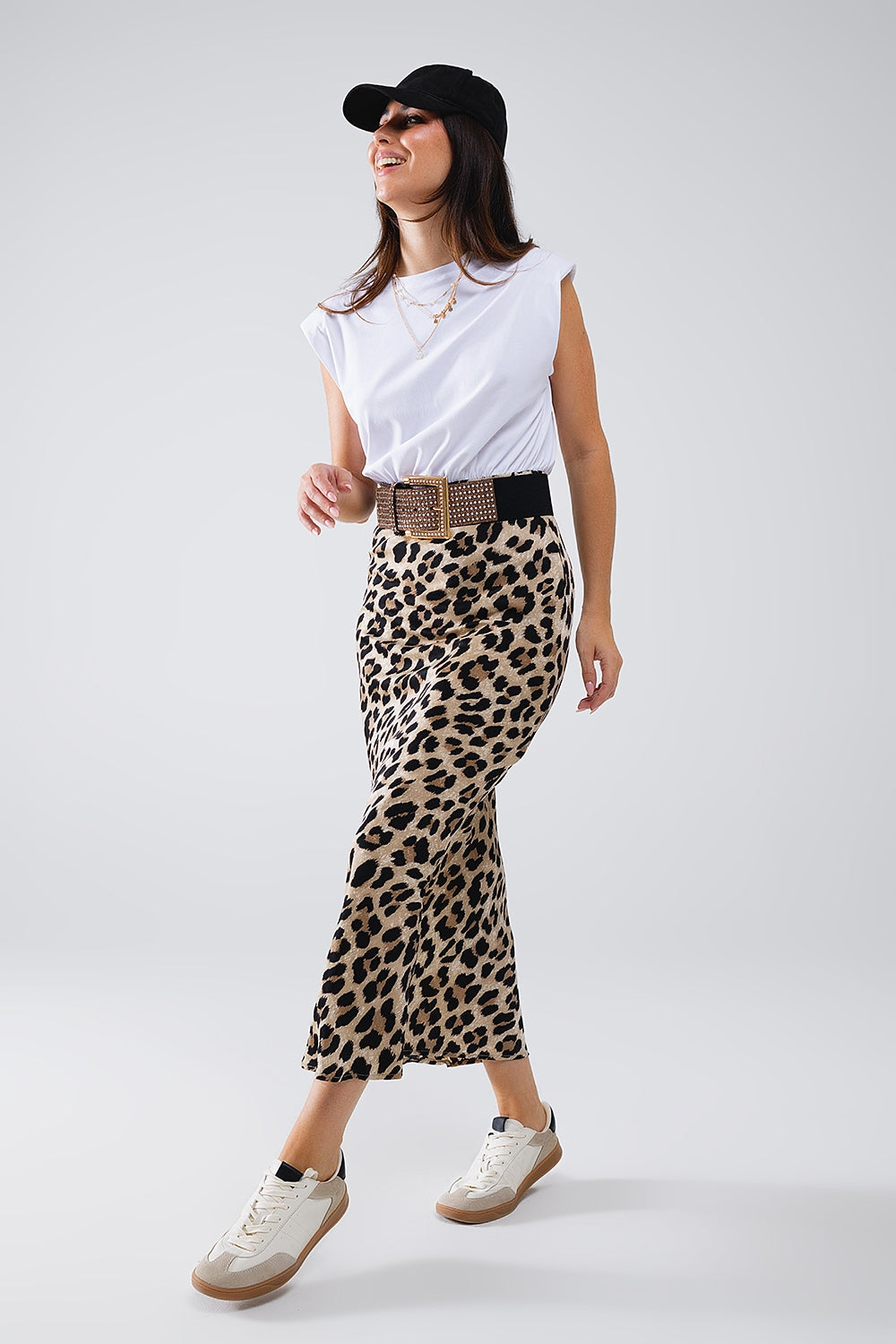 Q2 Vestito midi in raso a contrasto con stampa leopardo