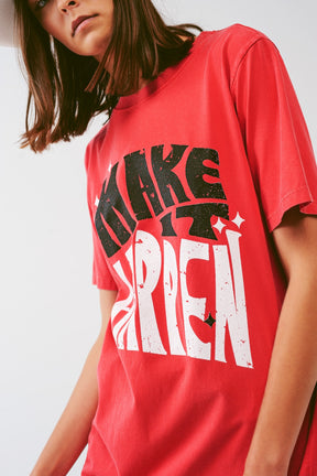 Vestito t-shirt con scritta Make It Happen in rosso