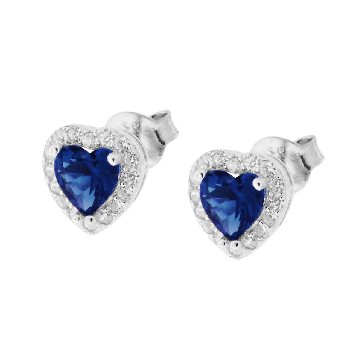 Orecchini ARGENTO Cuore con Zirconi Blu Zaffiro contornati con Zirconi Bianchi