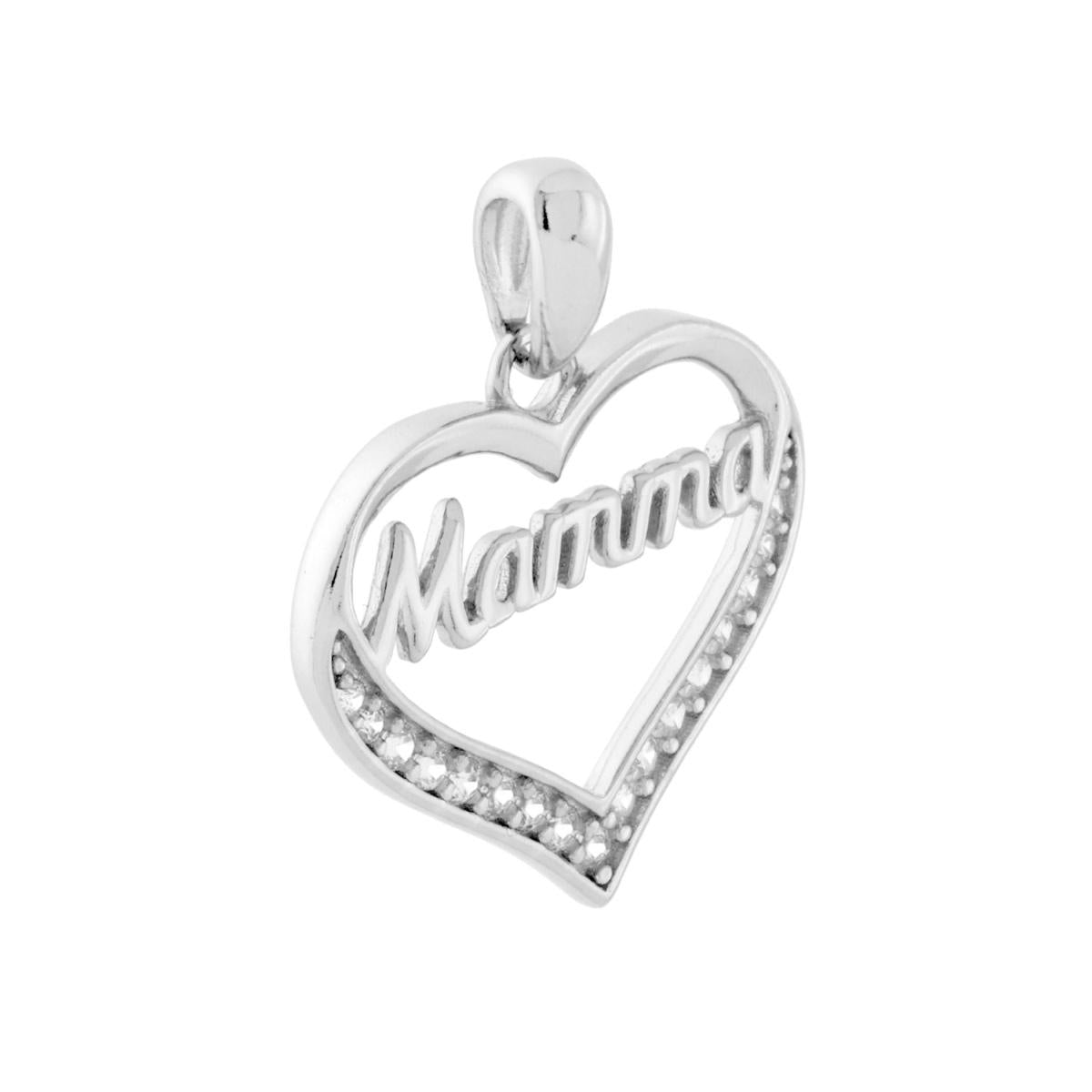 Ciondolo Cuore con scritta Mamma con Cubic Zirconia Bianchi in ARGENTO